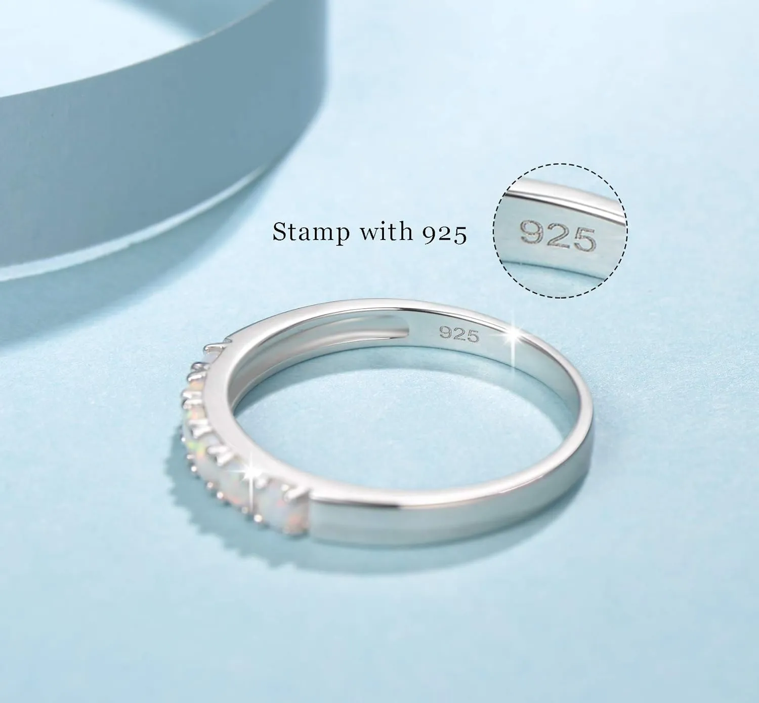FANCIME Opal Rings Sterling Silver 6 stones Created Fire Opal Ring Engagement Wedding Eternity Band October Birthstone Rings for Women Fine Jewelry for Women Size 5,6,7,8,9