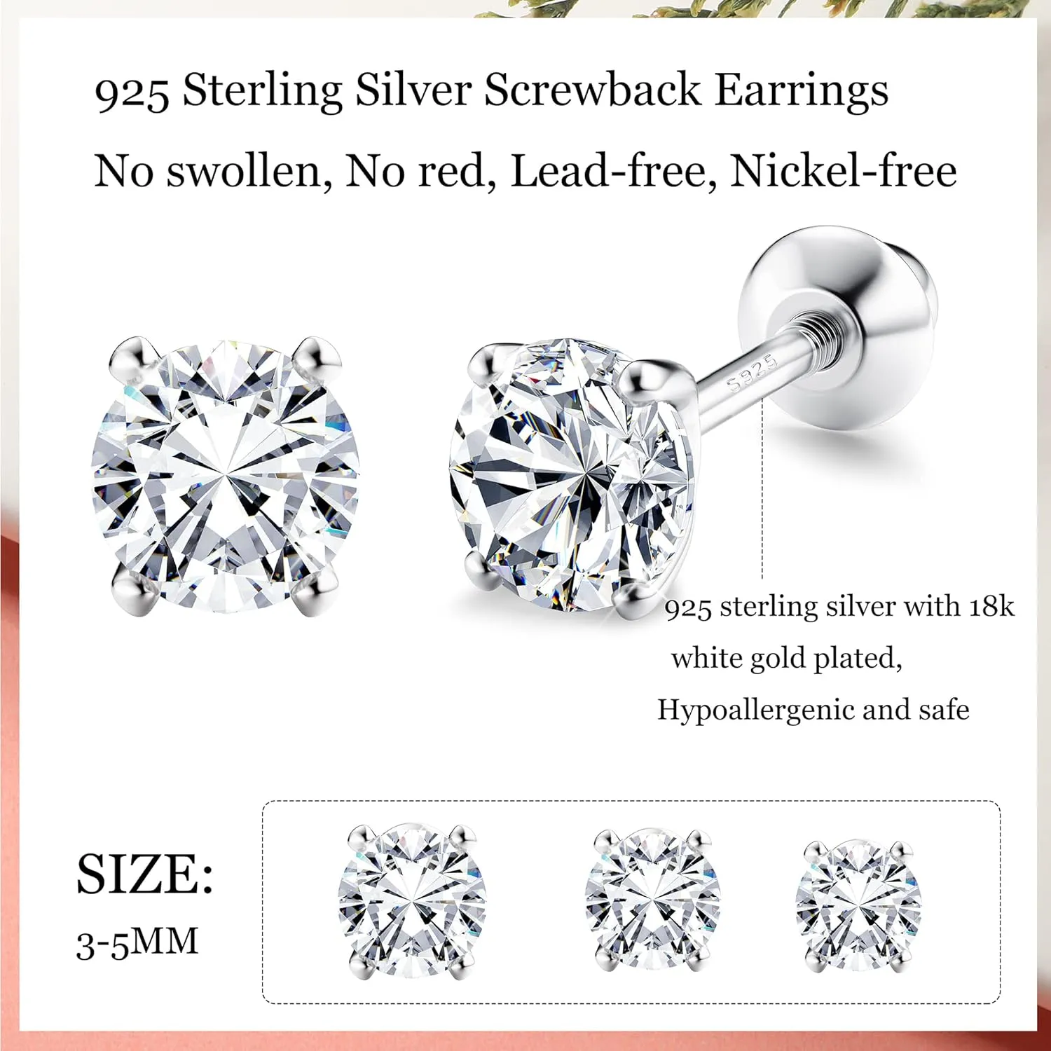 FASACCO 925 Sterling Silver Stud Earrings 18K White Gold Plated Screw Back Earrings for Women Men Hypoallergenic Cubic Zirconia Earrings Studs 3MM 4MM 5MM Sparkling CZ