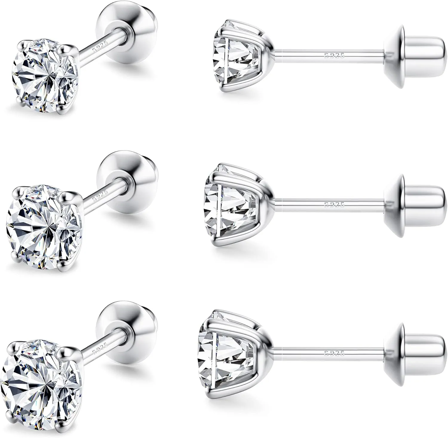 FASACCO 925 Sterling Silver Stud Earrings 18K White Gold Plated Screw Back Earrings for Women Men Hypoallergenic Cubic Zirconia Earrings Studs 3MM 4MM 5MM Sparkling CZ