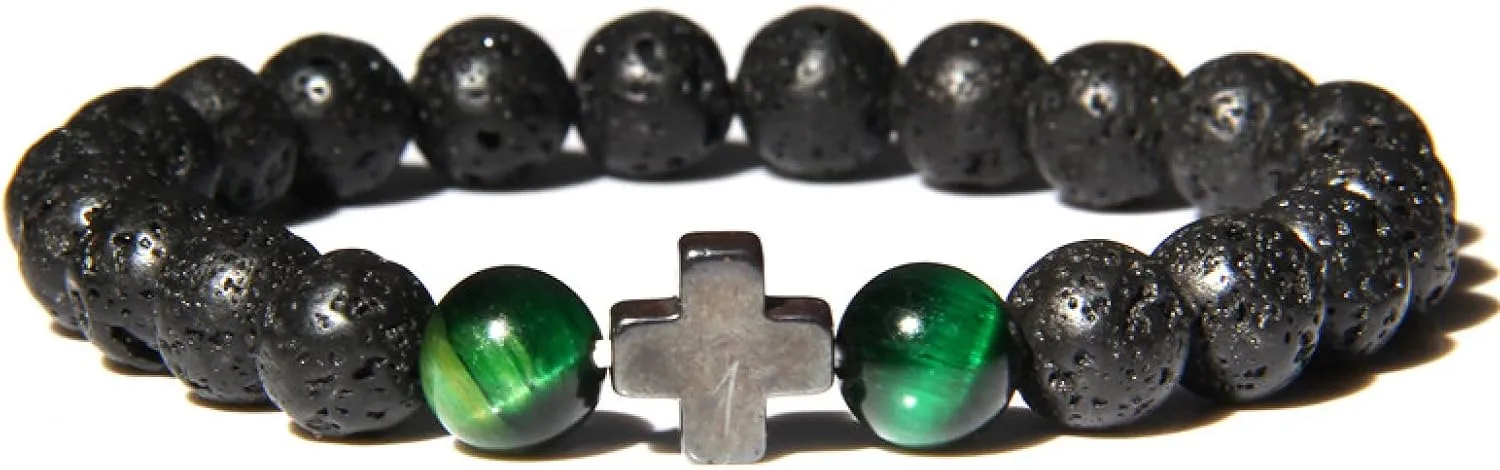 Fashion Cross Charm Turquoises Bracelets for Women Men Couple Prayer Peace Lava Tiger Eye Natural Stone Pendant Bangles Jewelry,Green Tiger Eye,21 cm