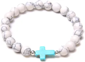 Fashion Cross Charm Turquoises Bracelets for Women Men Couple Prayer Peace Lava Tiger Eye Natural Stone Pendant Bangles Jewelry,White Turquoise,21 cm