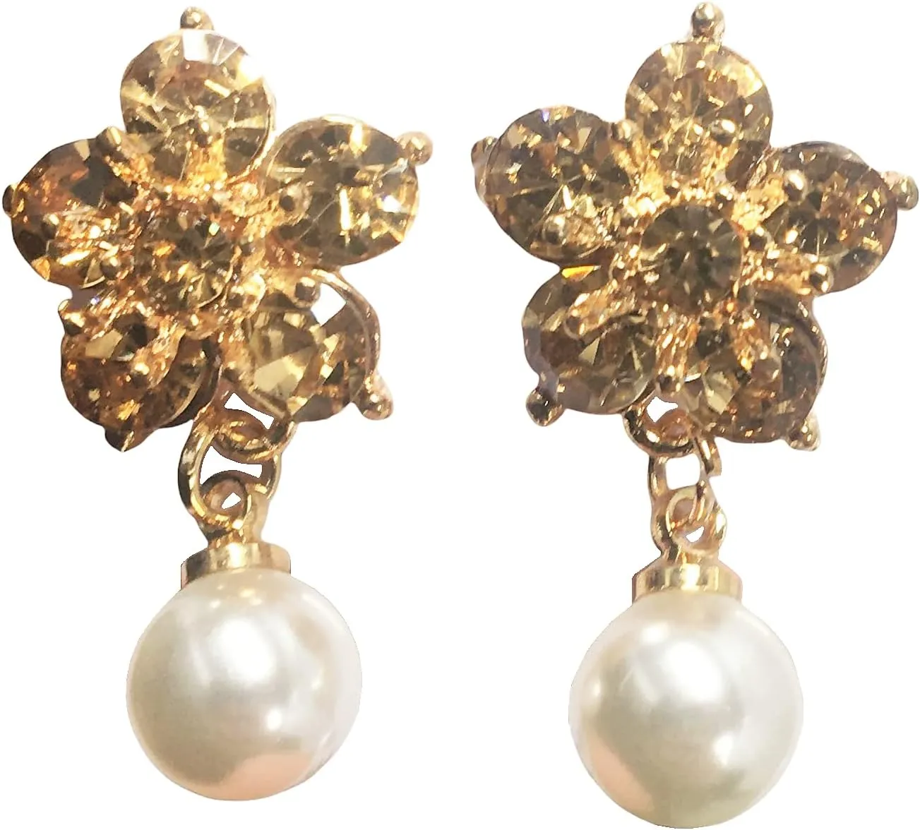 Fashion Earrings Flower Dangle Pearl Sparkling Crystal Gold Platted Jewelry