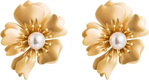 Fashion Exaggerated Pearl Flower Drop Stud Earrings Large Floral Pearl Statement Earring Funky Sparkling Bride Jewelry for Women Gift Gold Plated