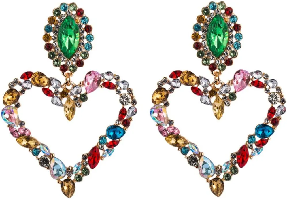 Fashion Hollow Out Love Heart Crystal Dangle Earrings Large Heart Colorful Rhinestone Statement Drop Earring Funky Sparkling Bride Jewelry for Women Gift Gold