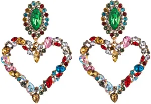 Fashion Hollow Out Love Heart Crystal Dangle Earrings Large Heart Colorful Rhinestone Statement Drop Earring Funky Sparkling Bride Jewelry for Women Gift Gold