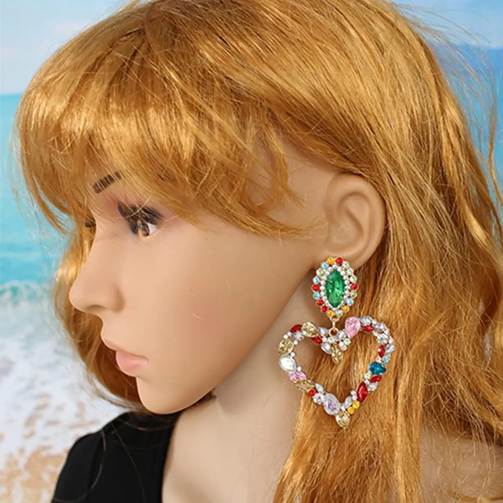 Fashion Hollow Out Love Heart Crystal Dangle Earrings Large Heart Colorful Rhinestone Statement Drop Earring Funky Sparkling Bride Jewelry for Women Gift Gold