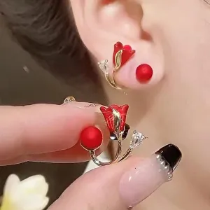 Fashion Shiny Rose Pearl Earrings, Sparkling Crystal Drop Earrings, Pearl Rose Earrings, Trendy (Red)