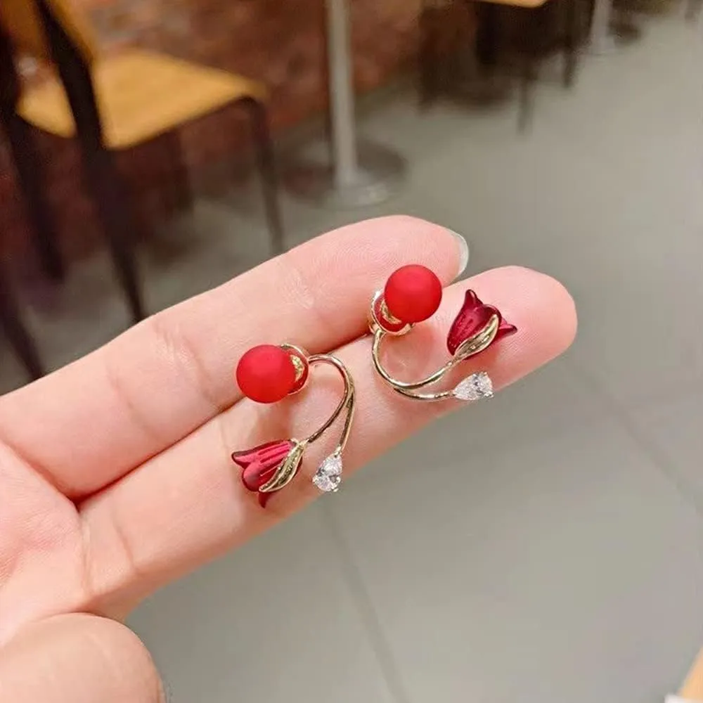 Fashion Shiny Rose Pearl Earrings, Sparkling Crystal Drop Earrings, Pearl Rose Earrings, Trendy (Red)