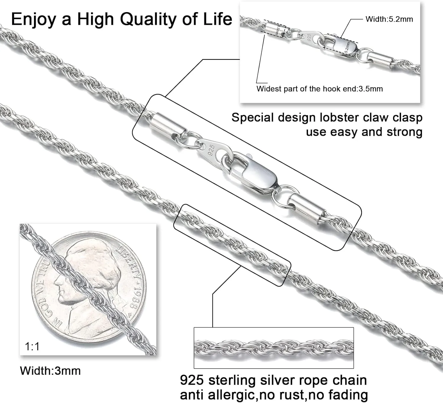 FEEL STYLE Stainless Steel Chain 925 Silver Rope Chains 3-5mm Twist Rope Necklace 14-30 Inch