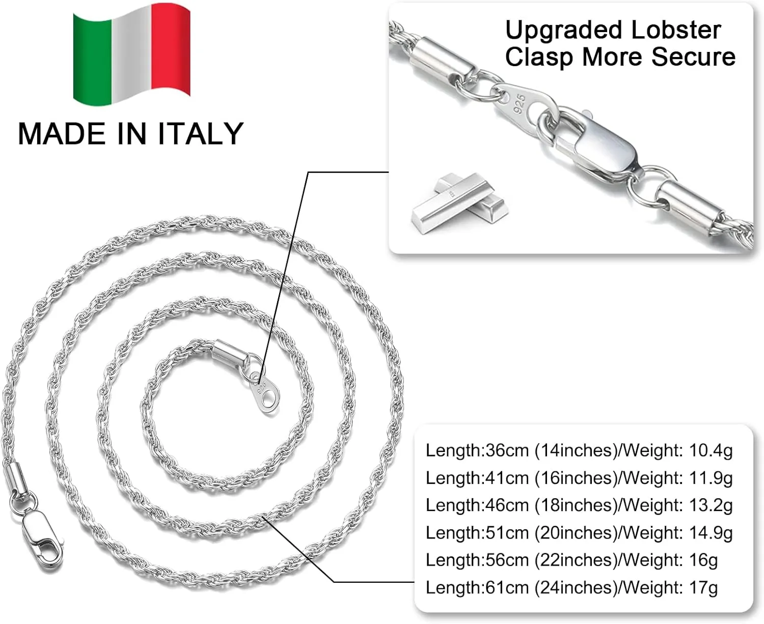 FEEL STYLE Stainless Steel Chain 925 Silver Rope Chains 3-5mm Twist Rope Necklace 14-30 Inch