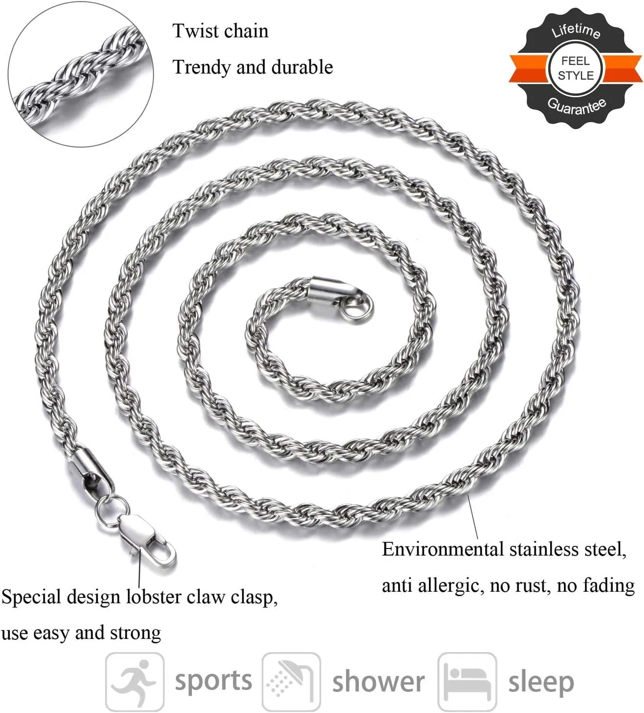 FEEL STYLE Stainless Steel Chain 925 Silver Rope Chains 3-5mm Twist Rope Necklace 14-30 Inch