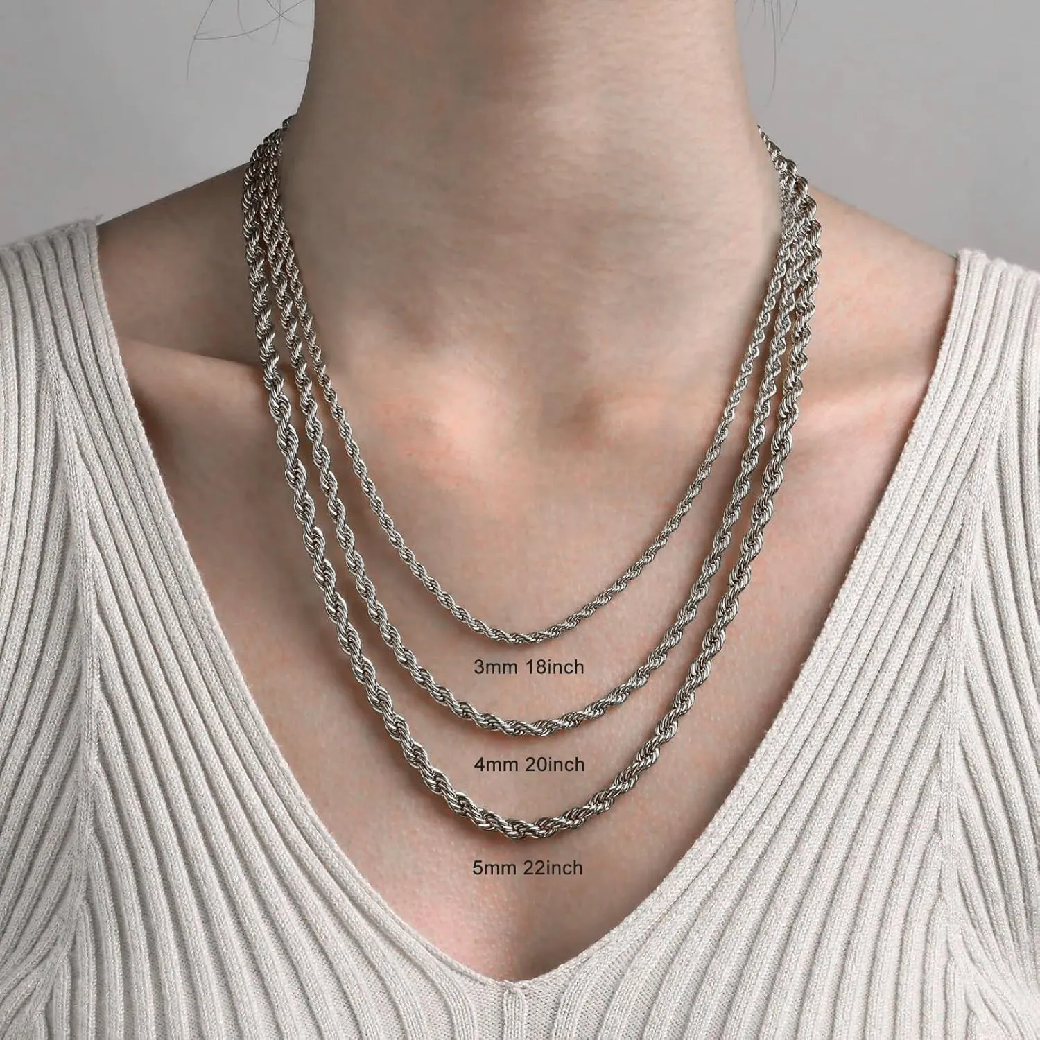 FEEL STYLE Stainless Steel Chain 925 Silver Rope Chains 3-5mm Twist Rope Necklace 14-30 Inch