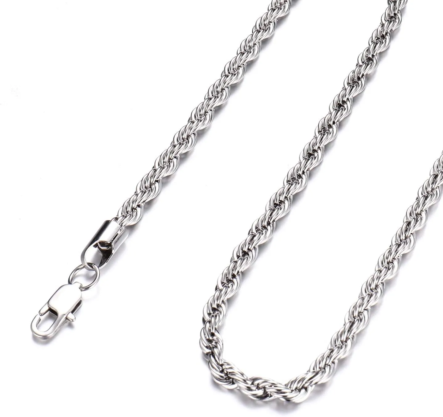 FEEL STYLE Stainless Steel Chain 925 Silver Rope Chains 3-5mm Twist Rope Necklace 14-30 Inch