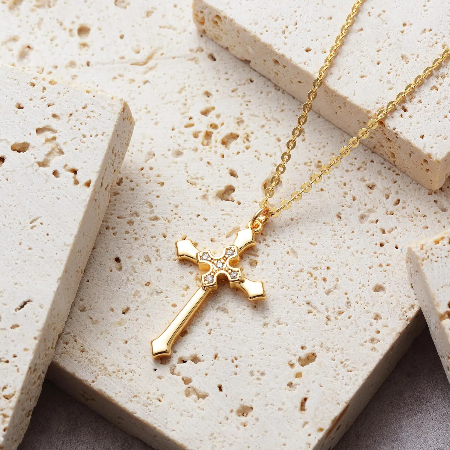 Fettero Cross Pendant Necklace for Women Necklace 14K Gold Plated Adjustable Chain Necklace Dainty Faith Necklace Simple Gold Cross Pendant Necklace Classic Expand Necklaces