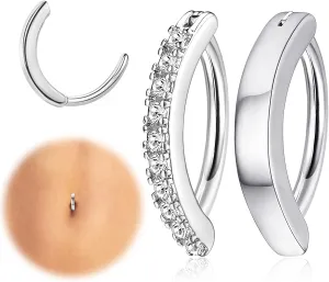 FIASASO 2Pcs 14G Clicker Belly Button Ring for Women Surgical Steel CZ Opal Belly Ring Simple Reverse Navel Rings Body Jewelry