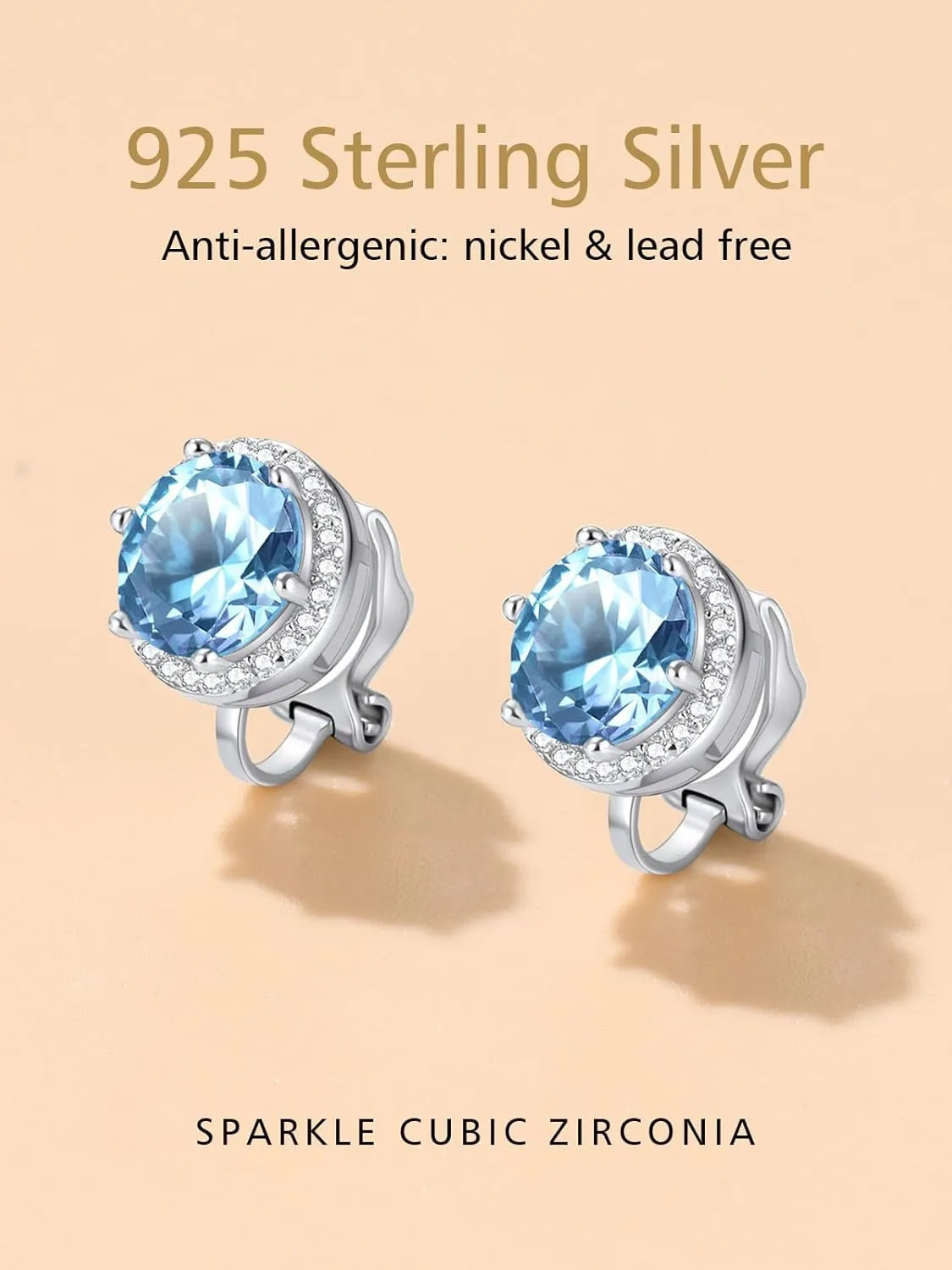 FindChic 925 Sterling Silver Non-Pierced Stud Earrings Round Birthstone Clip-on Earrings for Women Girls Sparkling Zirconia/Moonstone Studs, with Gift Box