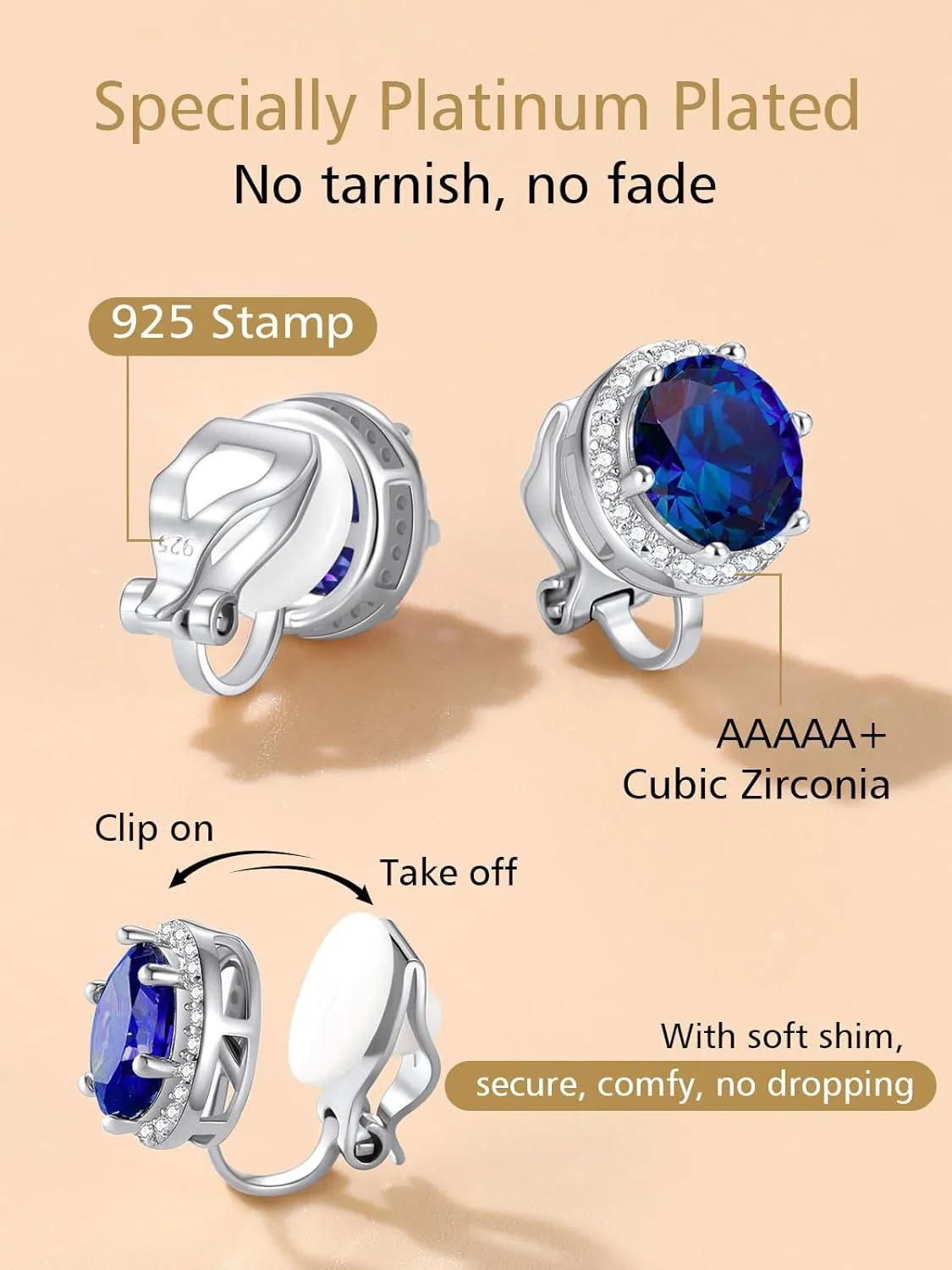 FindChic 925 Sterling Silver Non-Pierced Stud Earrings Round Birthstone Clip-on Earrings for Women Girls Sparkling Zirconia/Moonstone Studs, with Gift Box