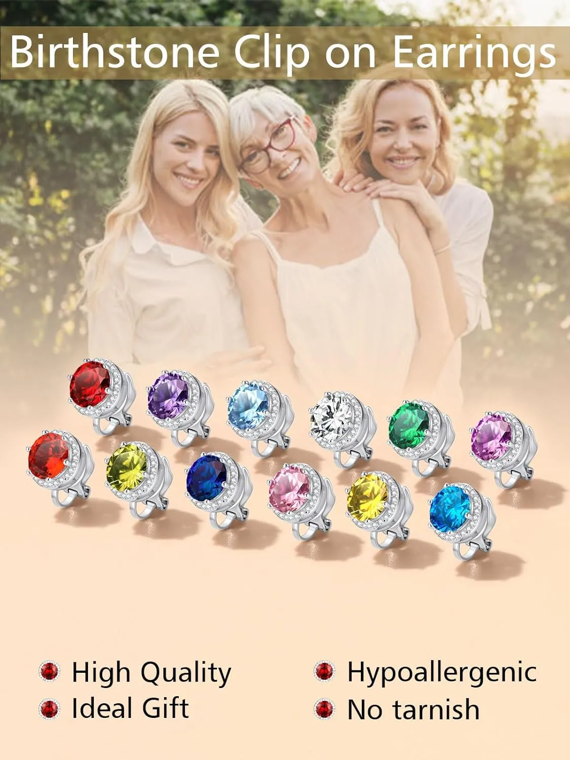 FindChic 925 Sterling Silver Non-Pierced Stud Earrings Round Birthstone Clip-on Earrings for Women Girls Sparkling Zirconia/Moonstone Studs, with Gift Box