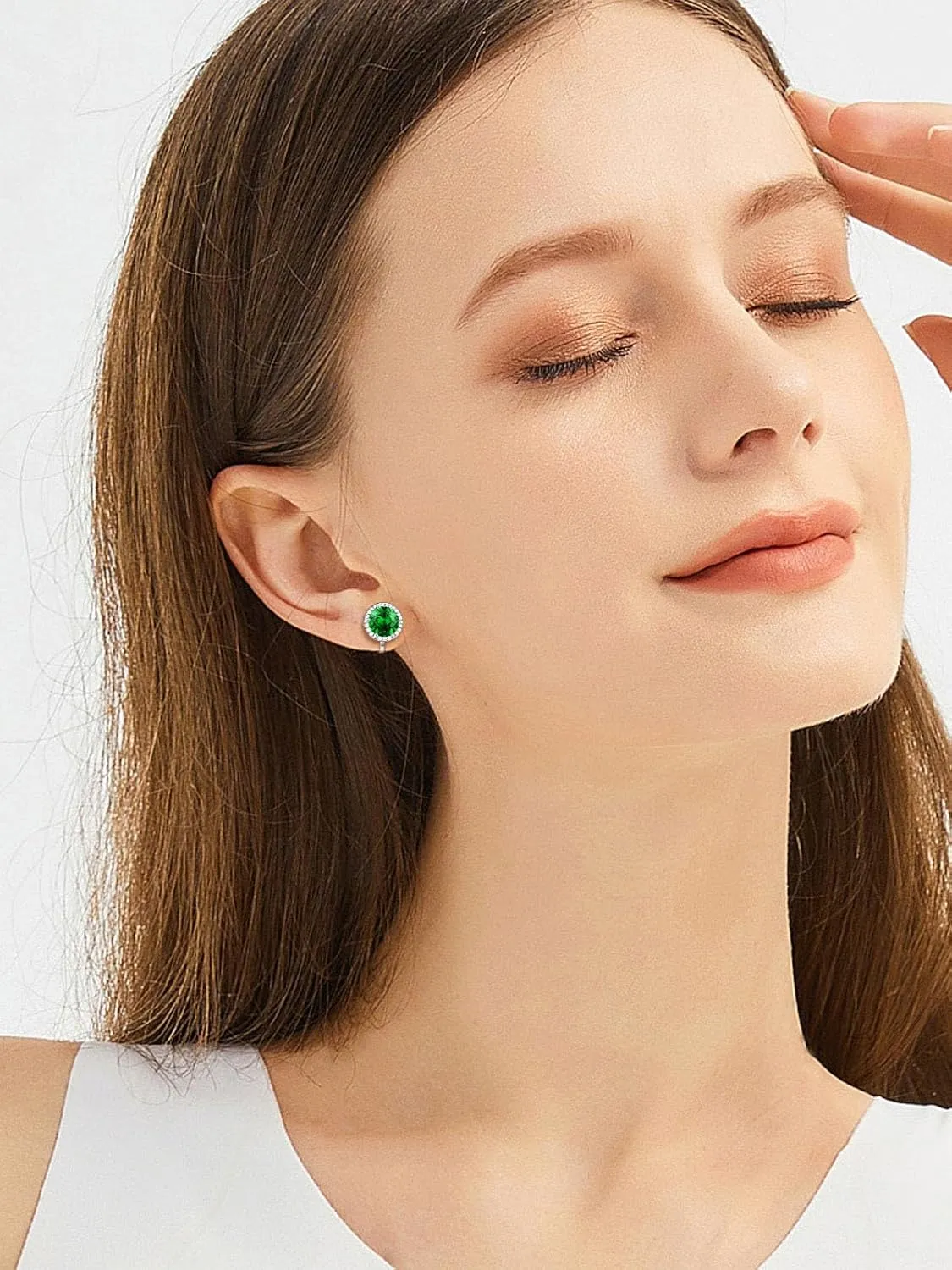 FindChic 925 Sterling Silver Non-Pierced Stud Earrings Round Birthstone Clip-on Earrings for Women Girls Sparkling Zirconia/Moonstone Studs, with Gift Box