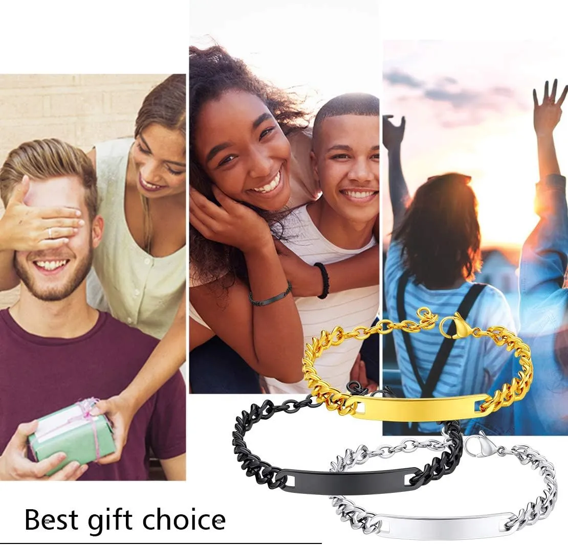 FindChic Customized Name Bar ID Bracelets for Men Women 18K Gold Plated/Stainless Steel/Black 7MM/10MM/15MM Width 7.5'' 8.3'' Bangles, with Jewelry Box