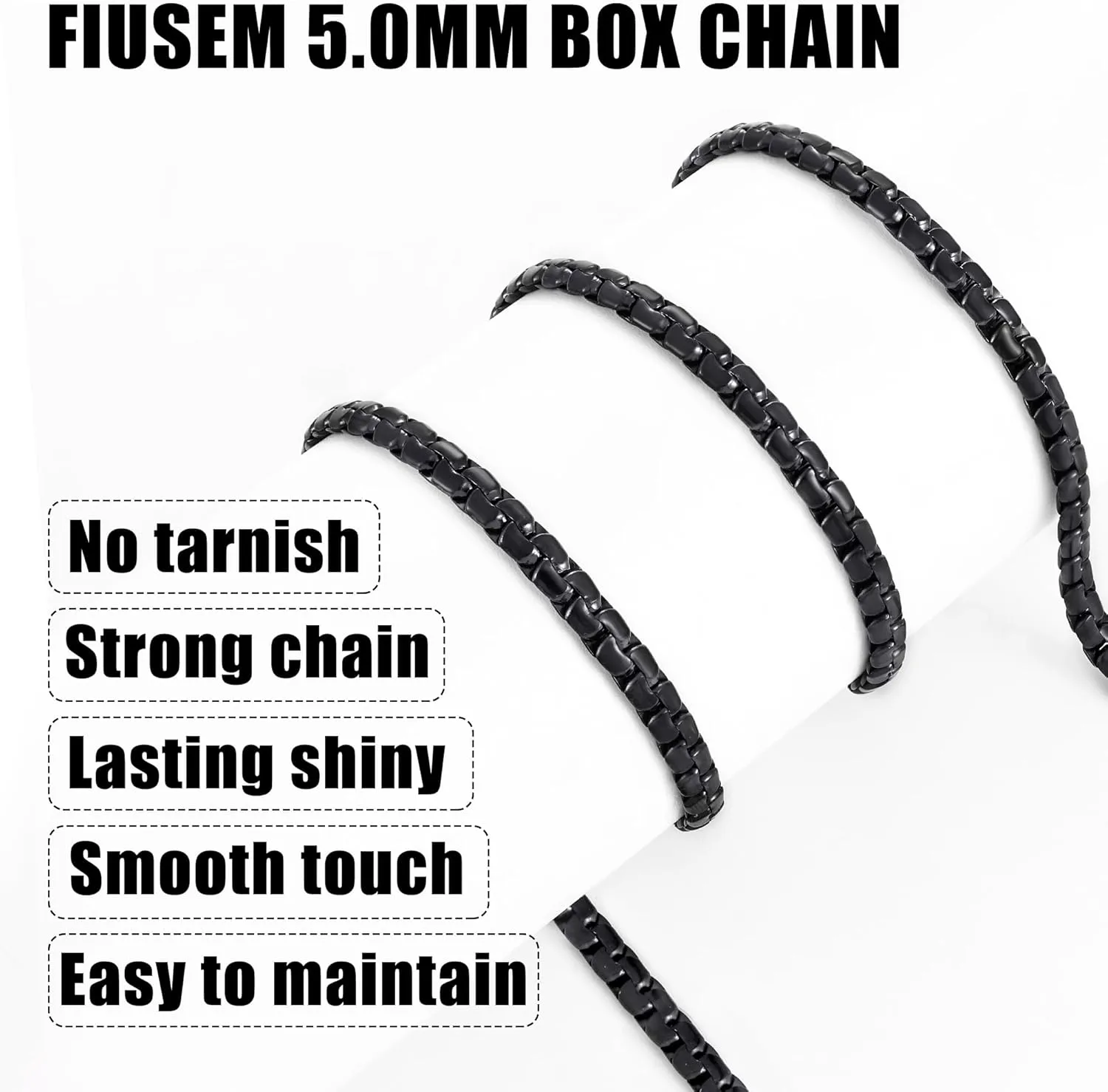 Fiusem Black Flat Box Chains for Men, 3/5mm Stainless Steel Chain Necklace, Necklaces for Men and Women 16-28 Inch