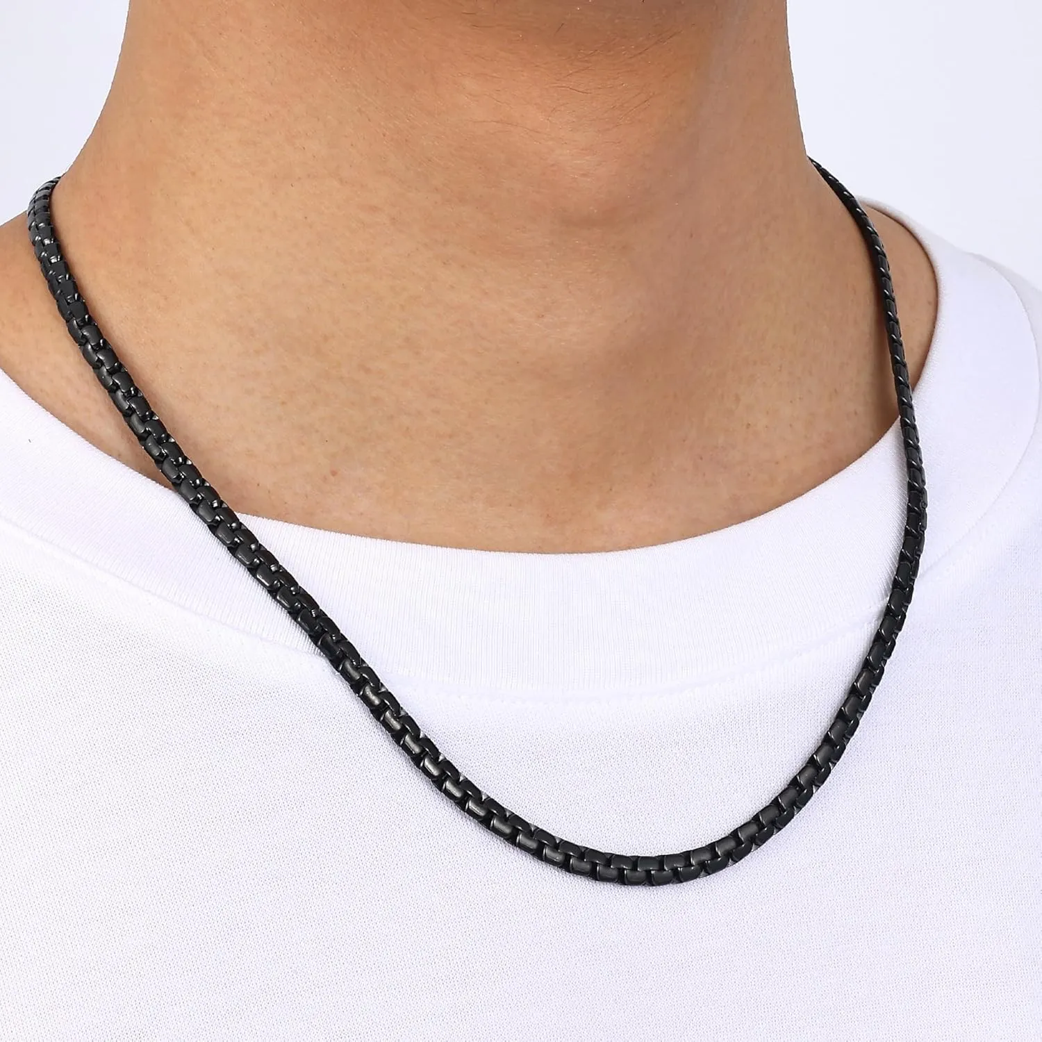 Fiusem Black Flat Box Chains for Men, 3/5mm Stainless Steel Chain Necklace, Necklaces for Men and Women 16-28 Inch
