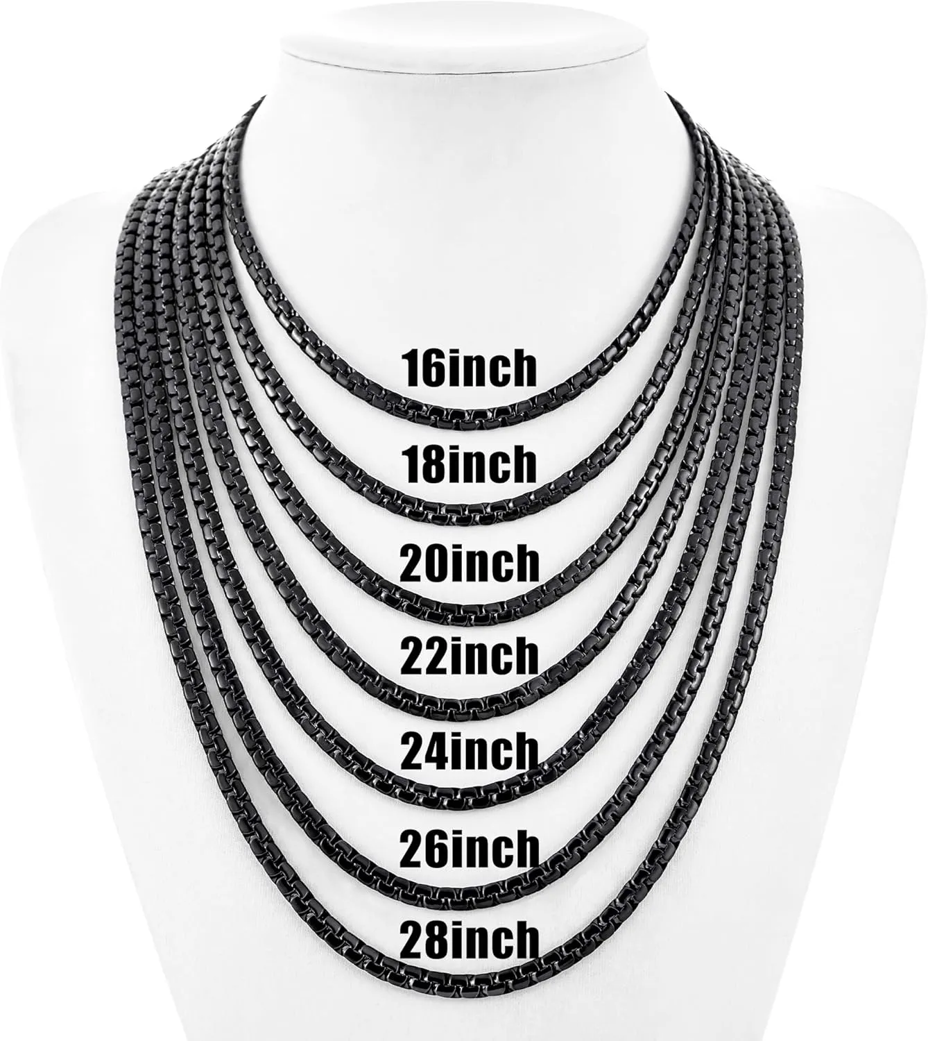 Fiusem Black Flat Box Chains for Men, 3/5mm Stainless Steel Chain Necklace, Necklaces for Men and Women 16-28 Inch