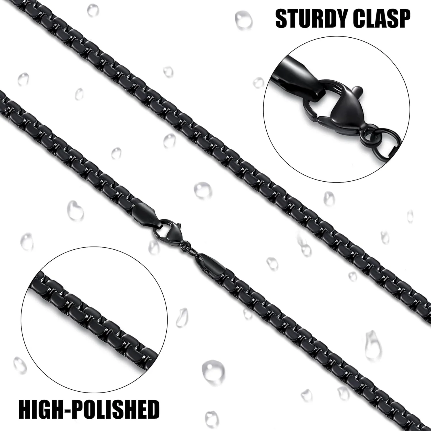 Fiusem Black Flat Box Chains for Men, 3/5mm Stainless Steel Chain Necklace, Necklaces for Men and Women 16-28 Inch
