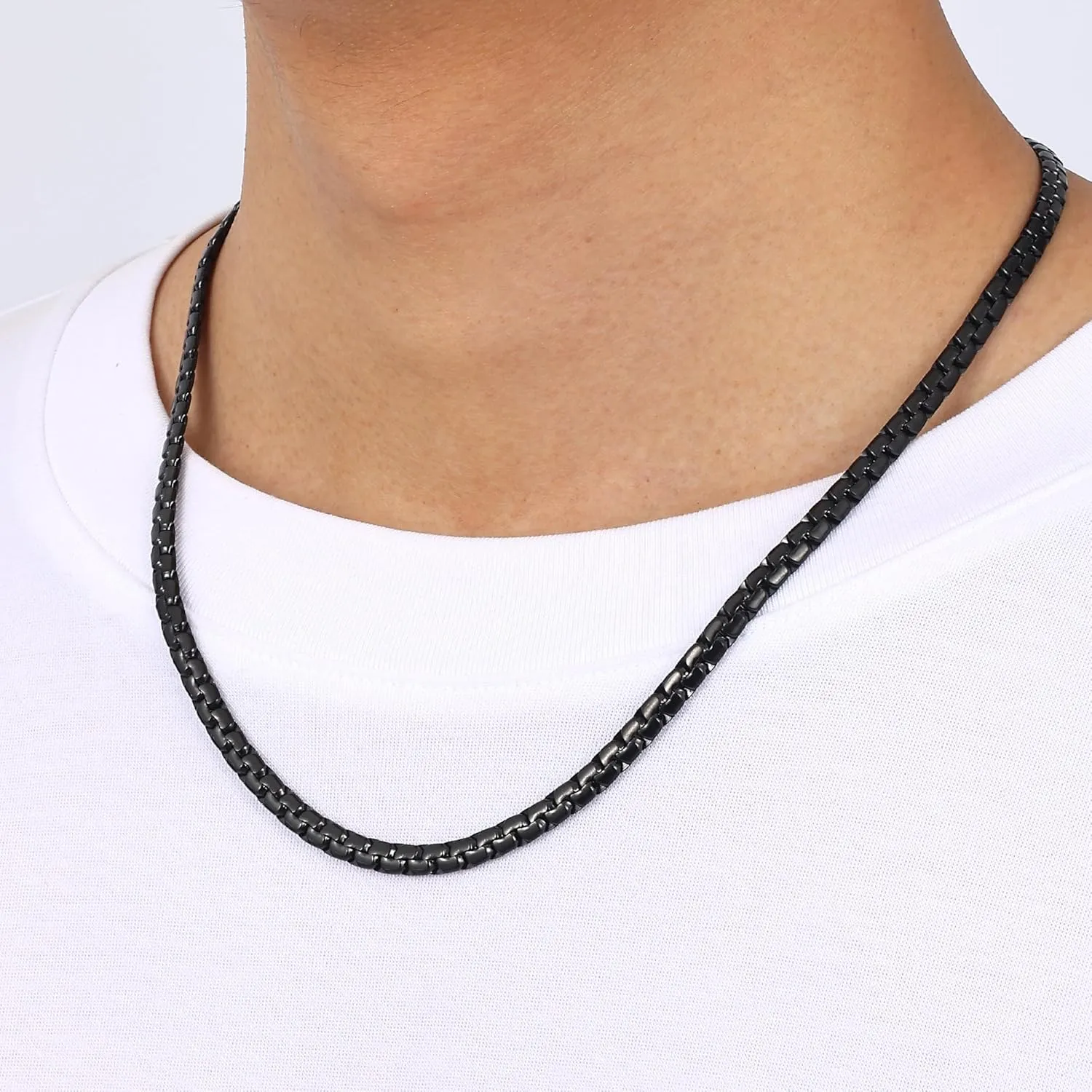 Fiusem Black Flat Box Chains for Men, 3/5mm Stainless Steel Chain Necklace, Necklaces for Men and Women 16-28 Inch