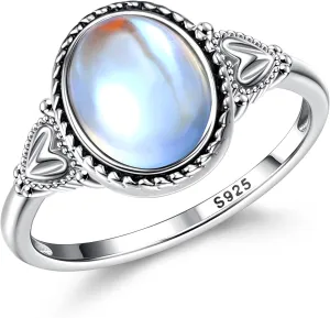 Florideco Sterling Silver Moonstone Mood Ring - Vintage Handmade Victorian Oval Solitaire - 18K White Gold Plated Color Change Ring for Women