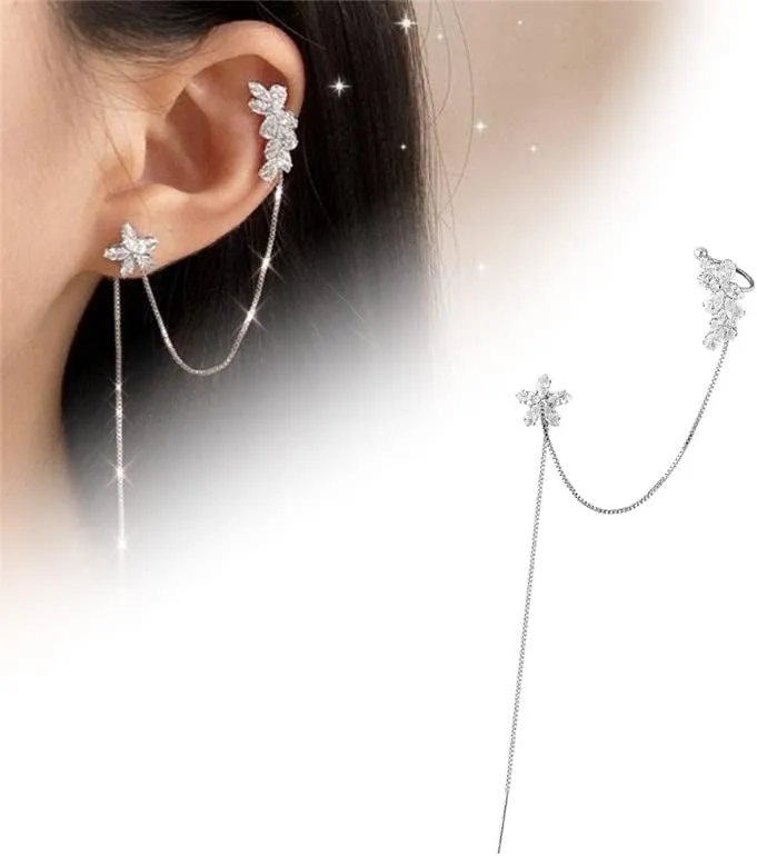 Flower Tassel Bone Clamp Earrings Set,925 Sterling Silver Flowers Wrap Earrings Cuff for Women Teens Sparkling CZ Crystals Crawler Earrings Dangling Chain (Silver)