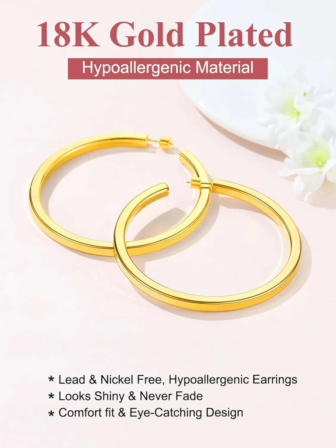 FOCALOOK Hoop Earrings for Women, Lightweight Silver/Black/Gold Plated Chunky Open Hoop Earrings(30, 40, 60, 80mm)