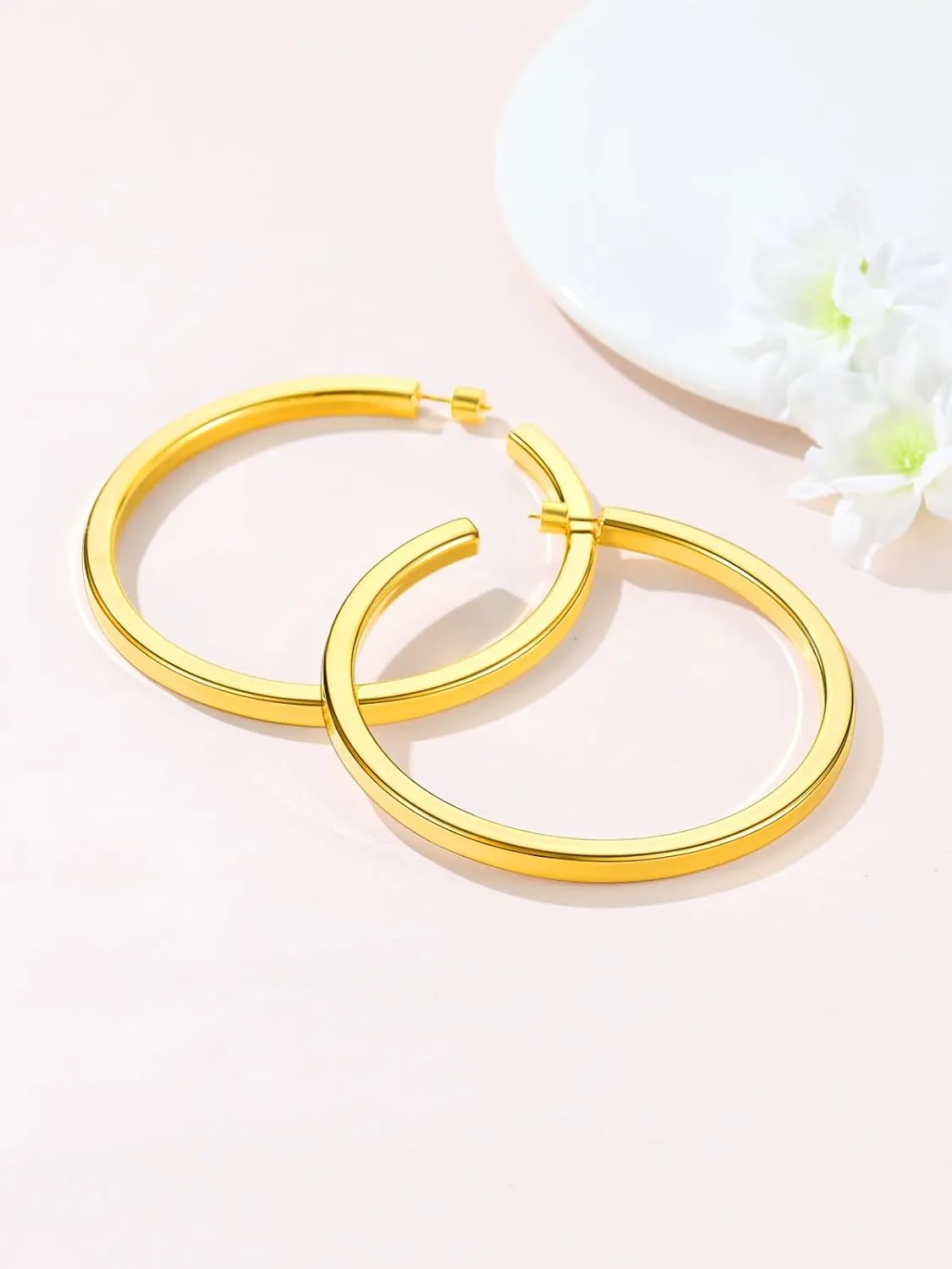FOCALOOK Hoop Earrings for Women, Lightweight Silver/Black/Gold Plated Chunky Open Hoop Earrings(30, 40, 60, 80mm)