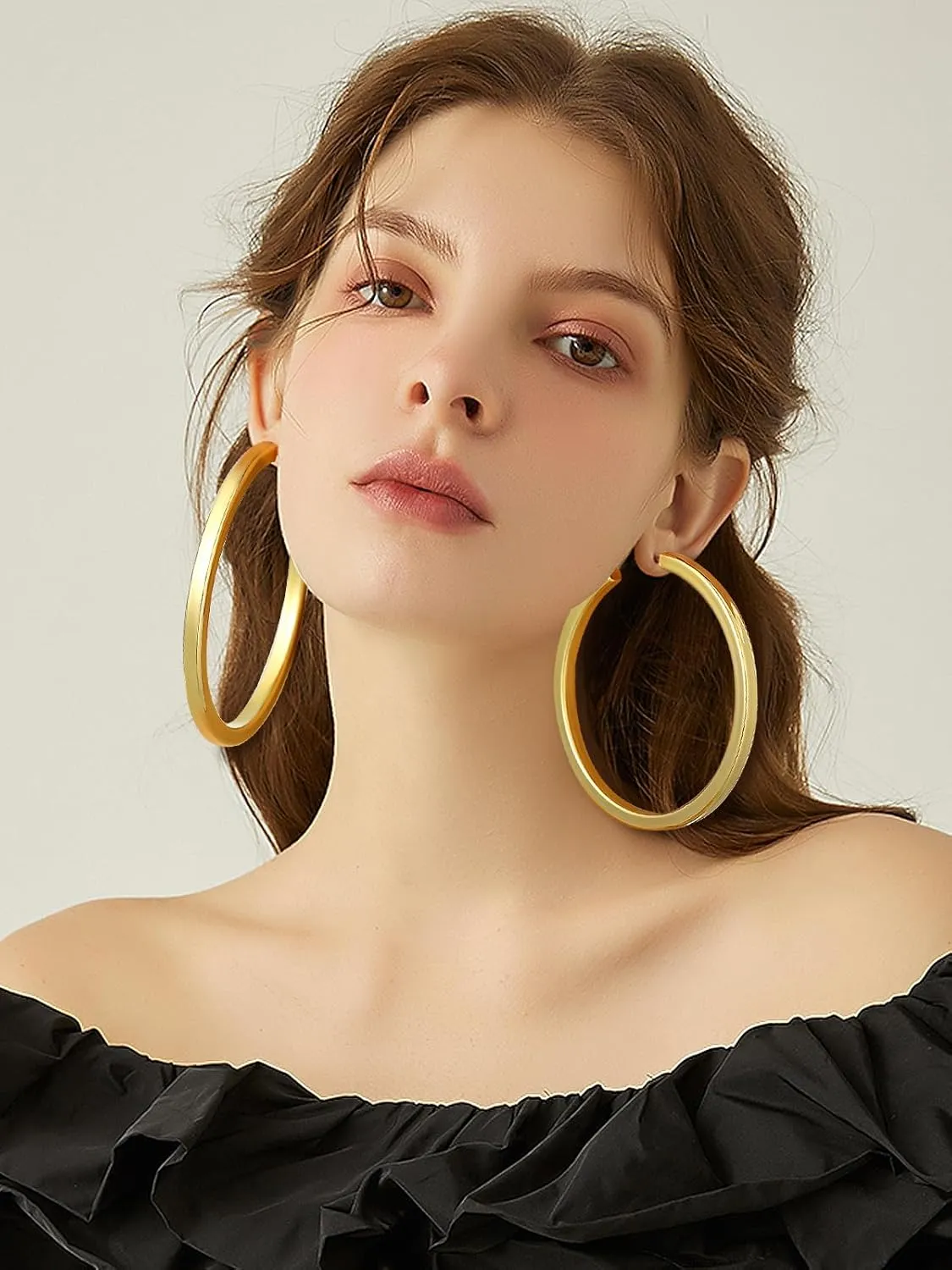 FOCALOOK Hoop Earrings for Women, Lightweight Silver/Black/Gold Plated Chunky Open Hoop Earrings(30, 40, 60, 80mm)