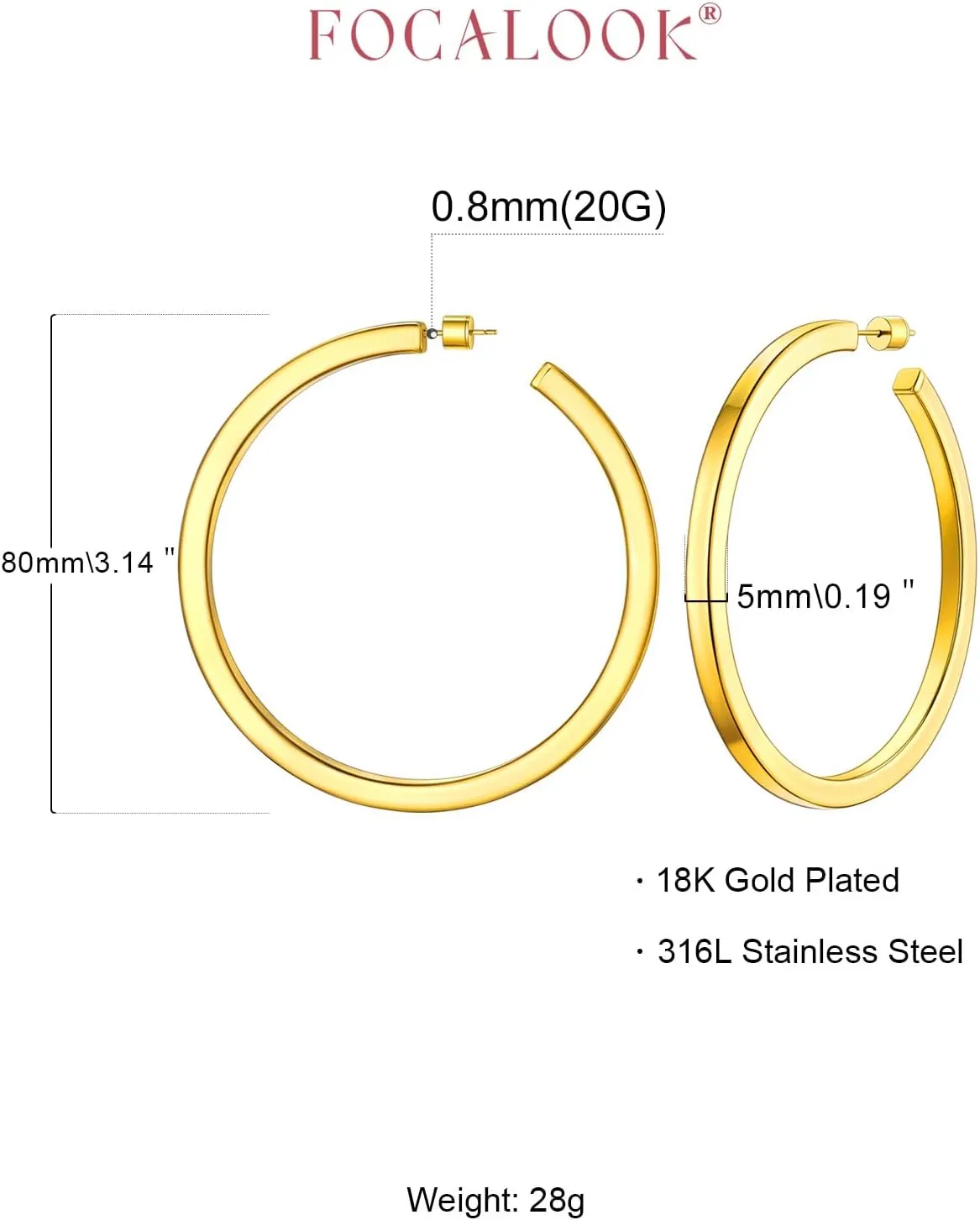 FOCALOOK Hoop Earrings for Women, Lightweight Silver/Black/Gold Plated Chunky Open Hoop Earrings(30, 40, 60, 80mm)