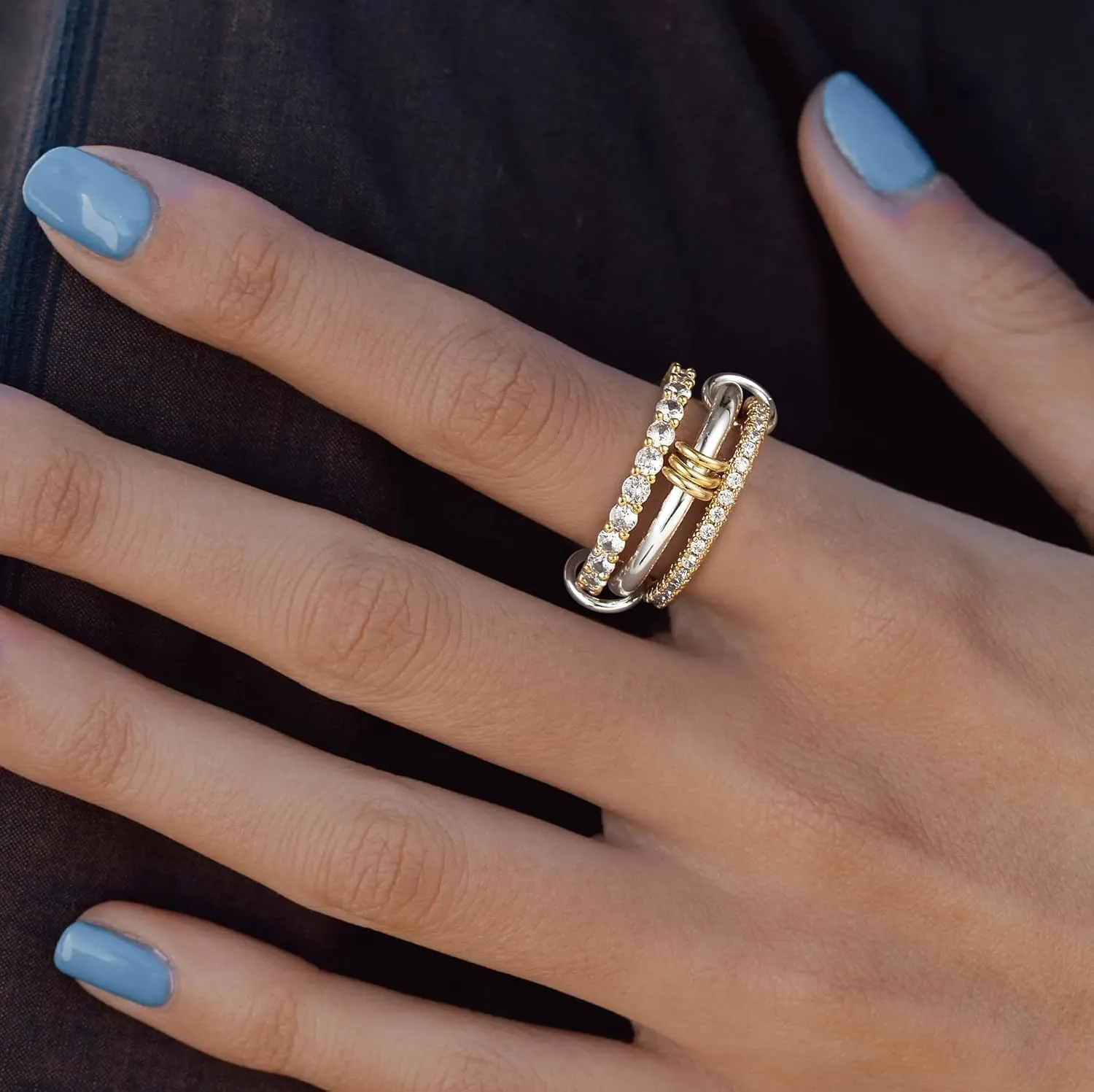 Foxgirl 14K Gold Plated Stackable Rings for Women, 3 Ring Set Interlocking with CZ Cubic Zirconia, Silver and Gold Rings Set, Multi-Link Connected Rings Non Tarnish