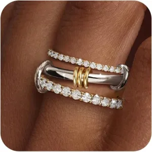 Foxgirl 14K Gold Plated Stackable Rings for Women, 3 Ring Set Interlocking with CZ Cubic Zirconia, Silver and Gold Rings Set, Multi-Link Connected Rings Non Tarnish
