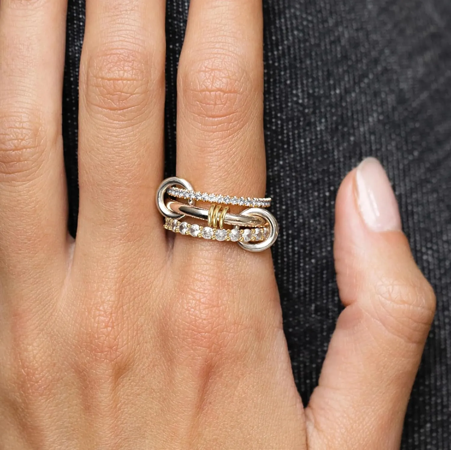 Foxgirl 14K Gold Plated Stackable Rings for Women, 3 Ring Set Interlocking with CZ Cubic Zirconia, Silver and Gold Rings Set, Multi-Link Connected Rings Non Tarnish