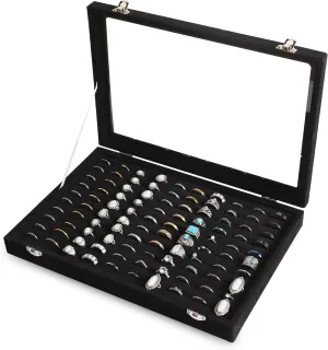 Frebeauty Ring Organizer Tray 100 Slots Ring Holder with Clear Lid Velvet Ring Storage Box Ring Tray for Jewelry Store Ring Display Case for Jewelry Show Ring Box for Women(Black)