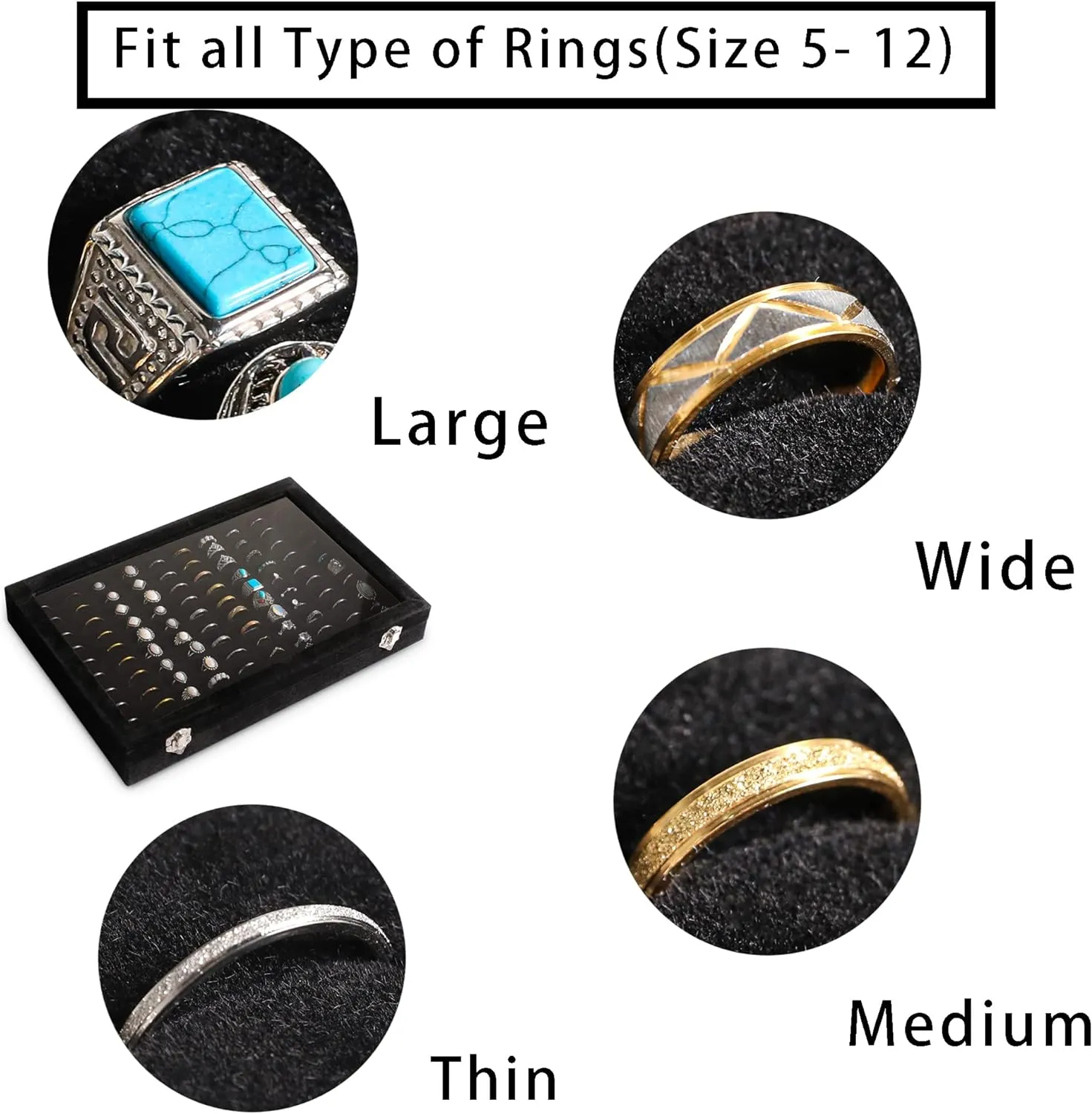 Frebeauty Ring Organizer Tray 100 Slots Ring Holder with Clear Lid Velvet Ring Storage Box Ring Tray for Jewelry Store Ring Display Case for Jewelry Show Ring Box for Women(Black)