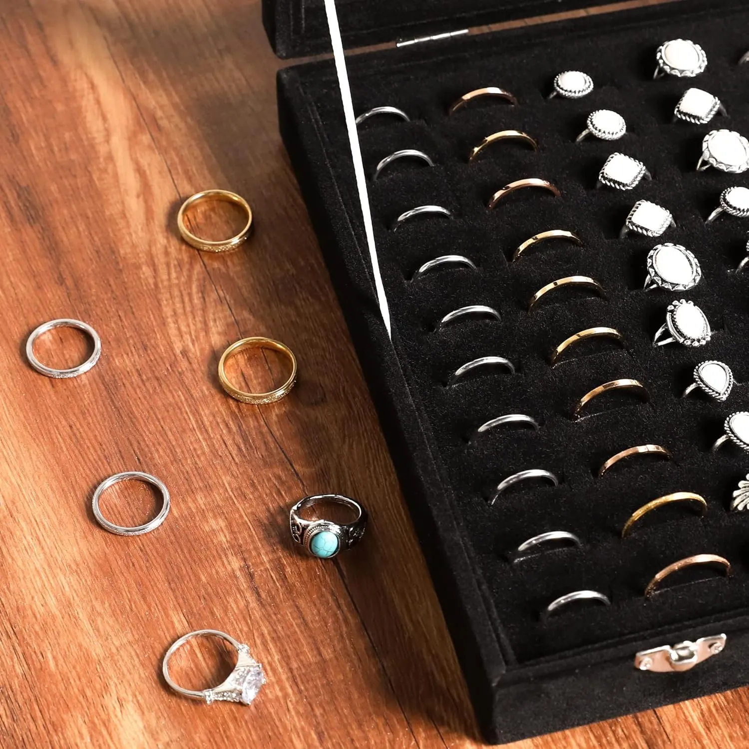 Frebeauty Ring Organizer Tray 100 Slots Ring Holder with Clear Lid Velvet Ring Storage Box Ring Tray for Jewelry Store Ring Display Case for Jewelry Show Ring Box for Women(Black)