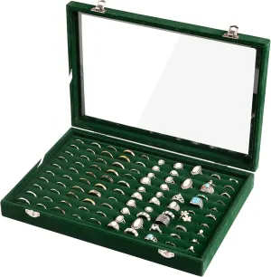 Frebeauty Ring Organizer Tray 100 Slots Ring Holder with Clear Lid Velvet Ring Storage Box Ring Tray for Jewelry Store Ring Display Case for Jewelry Show Ring Box for Women(Blackish Green)