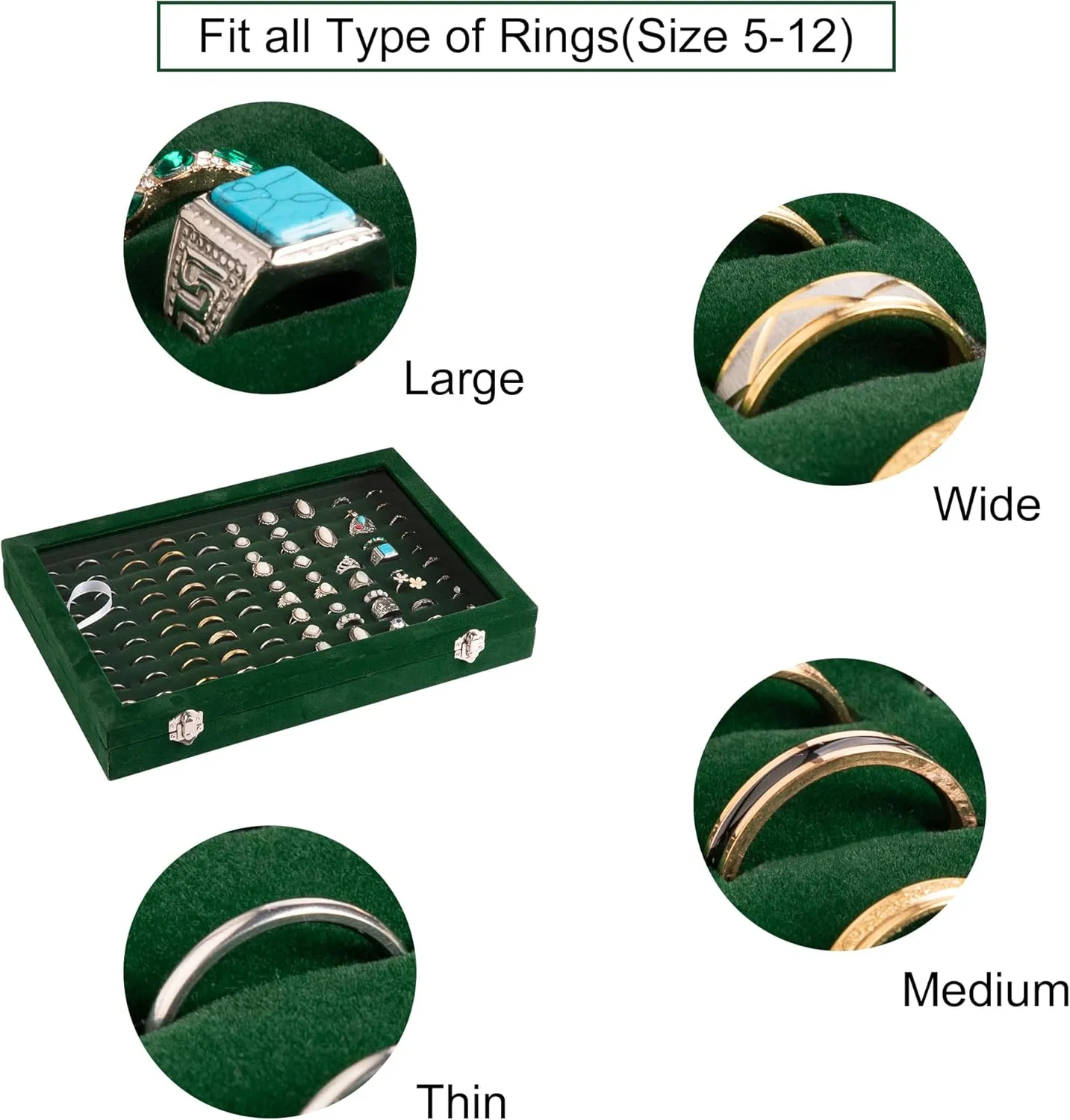 Frebeauty Ring Organizer Tray 100 Slots Ring Holder with Clear Lid Velvet Ring Storage Box Ring Tray for Jewelry Store Ring Display Case for Jewelry Show Ring Box for Women(Blackish Green)