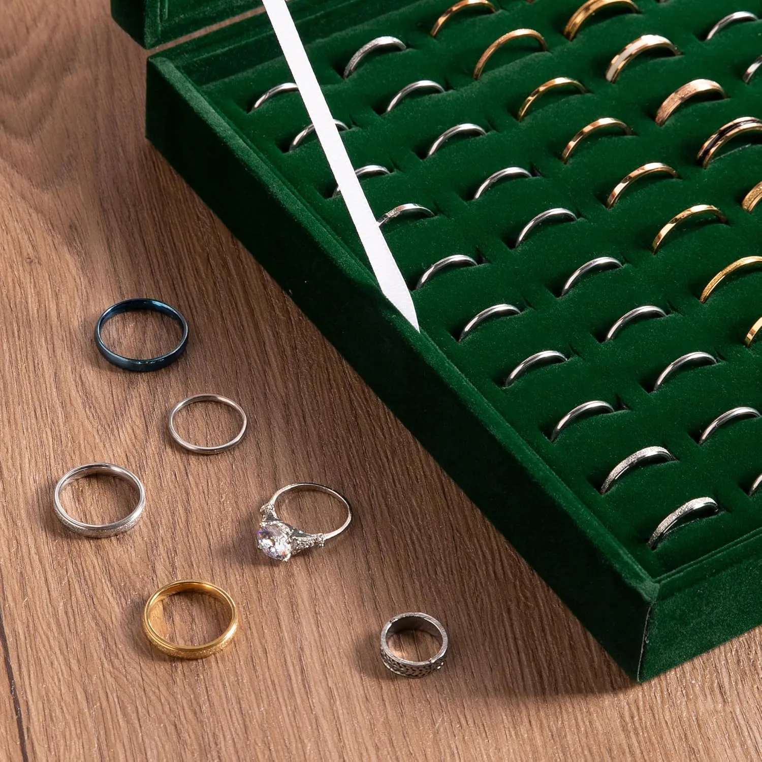 Frebeauty Ring Organizer Tray 100 Slots Ring Holder with Clear Lid Velvet Ring Storage Box Ring Tray for Jewelry Store Ring Display Case for Jewelry Show Ring Box for Women(Blackish Green)