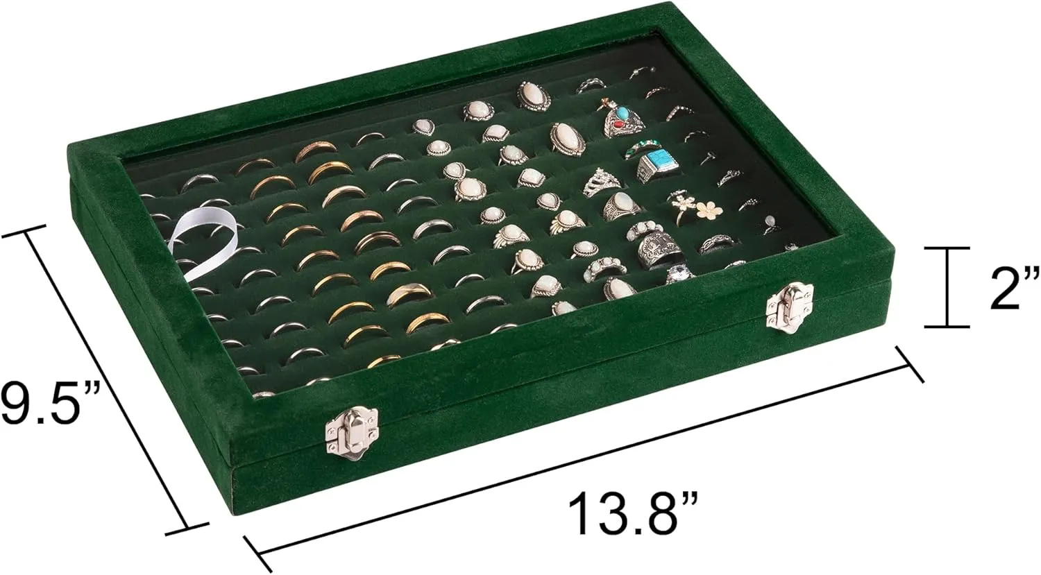 Frebeauty Ring Organizer Tray 100 Slots Ring Holder with Clear Lid Velvet Ring Storage Box Ring Tray for Jewelry Store Ring Display Case for Jewelry Show Ring Box for Women(Blackish Green)