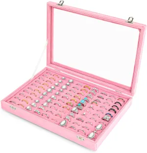 Frebeauty Ring Organizer Tray 100 Slots Ring Holder with Clear Lid Velvet Ring Storage Box Ring Tray for Jewelry Store Ring Display Case for Jewelry Show Ring Box for Women(Pink)