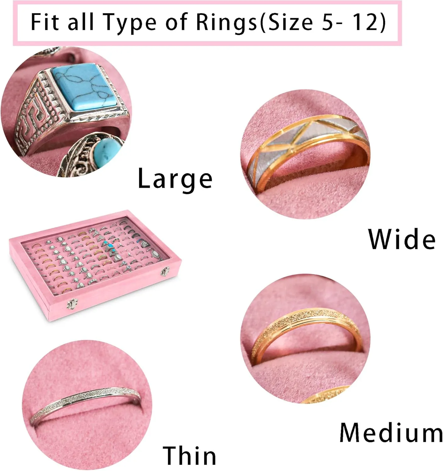 Frebeauty Ring Organizer Tray 100 Slots Ring Holder with Clear Lid Velvet Ring Storage Box Ring Tray for Jewelry Store Ring Display Case for Jewelry Show Ring Box for Women(Pink)