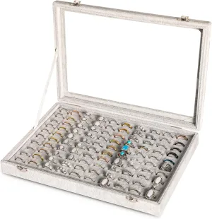 Frebeauty Ring Organizer Tray 100 Slots with Clear Lid Velvet Ring Storage Box for Jewelry Store Display Case for Women (Grey)