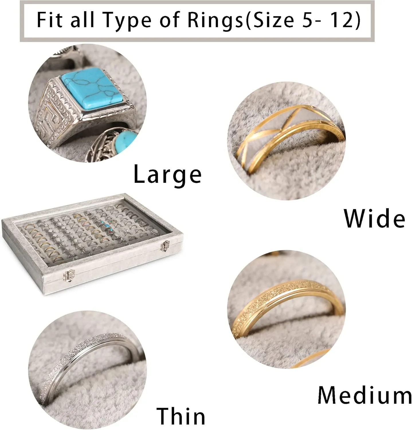 Frebeauty Ring Organizer Tray 100 Slots with Clear Lid Velvet Ring Storage Box for Jewelry Store Display Case for Women (Grey)