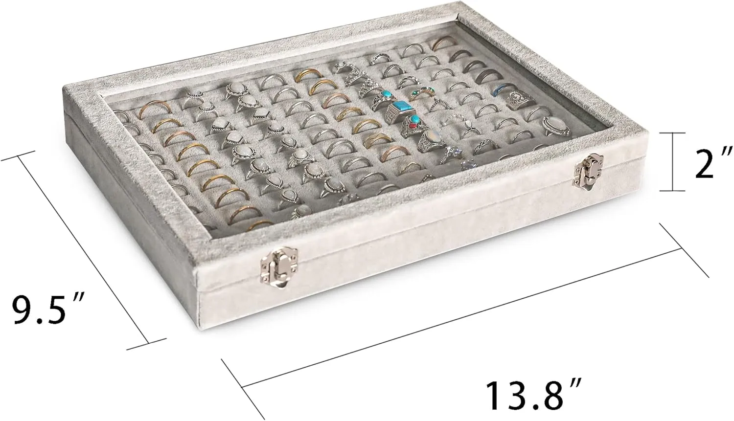 Frebeauty Ring Organizer Tray 100 Slots with Clear Lid Velvet Ring Storage Box for Jewelry Store Display Case for Women (Grey)